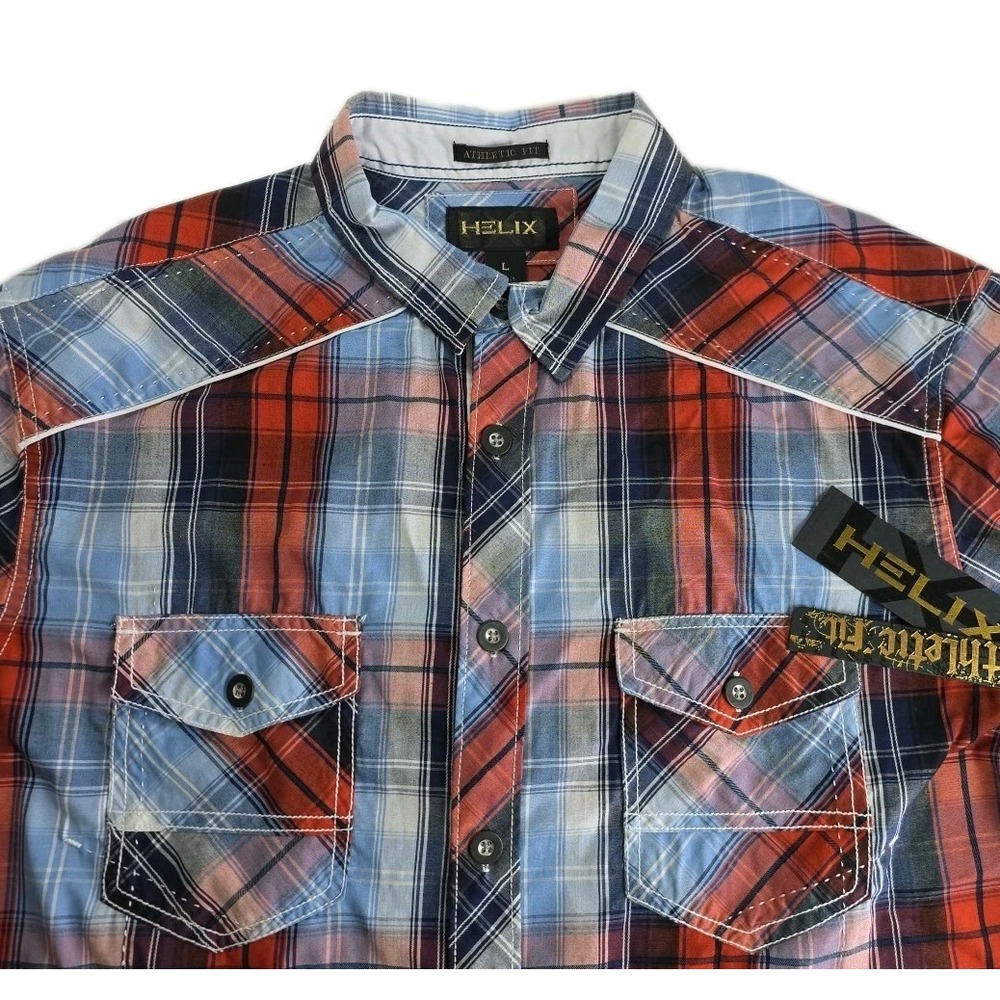 Helix Athletic Fit Button Up Shirt Mens X-Large CORAL Plaid Western Pocket NWT